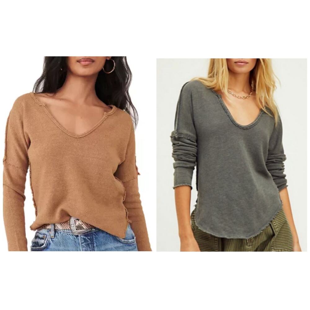 We The Free People Come & Get It Top XS (2) Golden Mustard / Gray Raw Edge